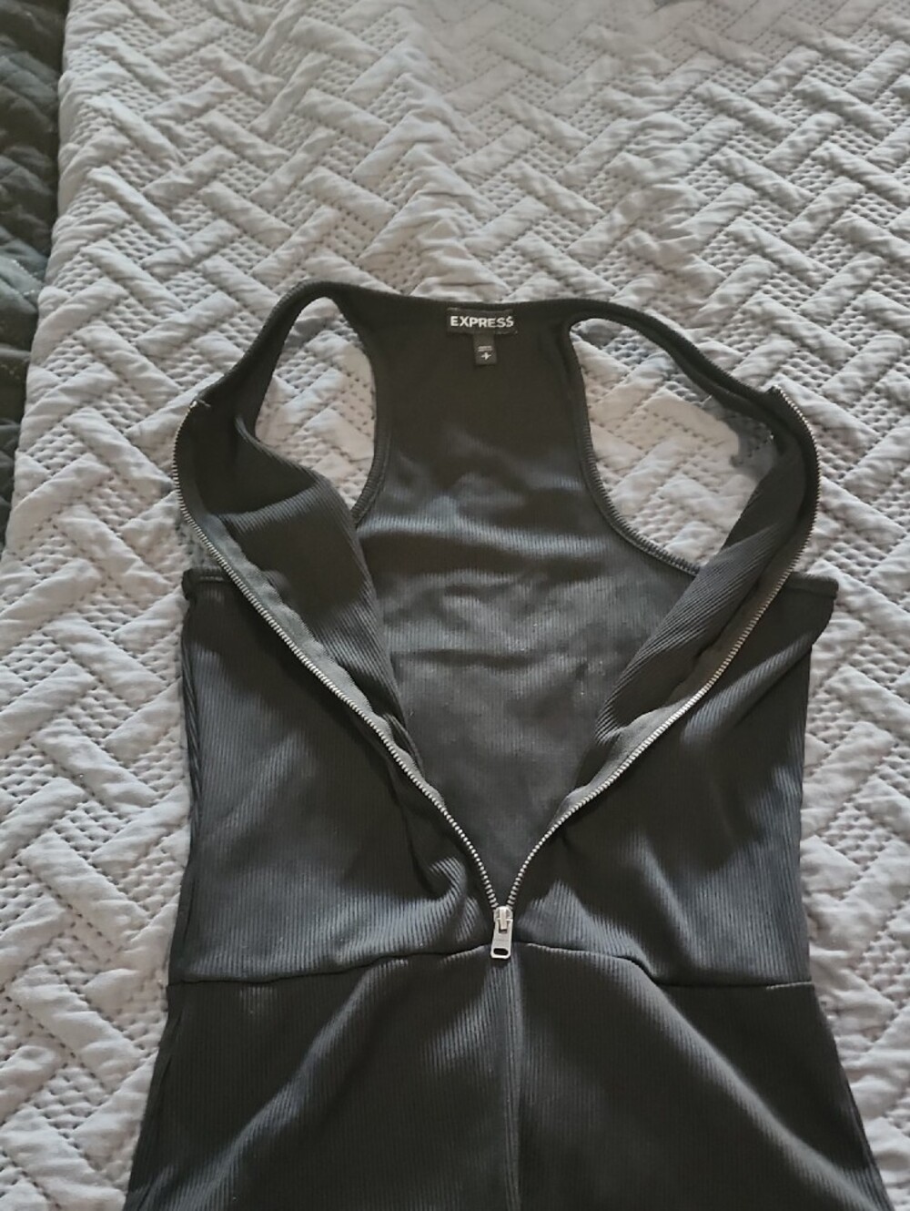 Express Black Ribbed Zip-Front Racerback Bodysuit - Picture 4 of 7